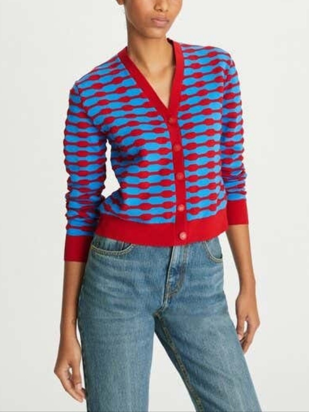 LIKE NEW Tory Burch Red & Blue Bubble Stripe Long Sleeve Cardigan Size XS